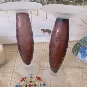 Set of 2, Hand Blown Frosted, Etched, Purple Glass Pillar Candle Holders